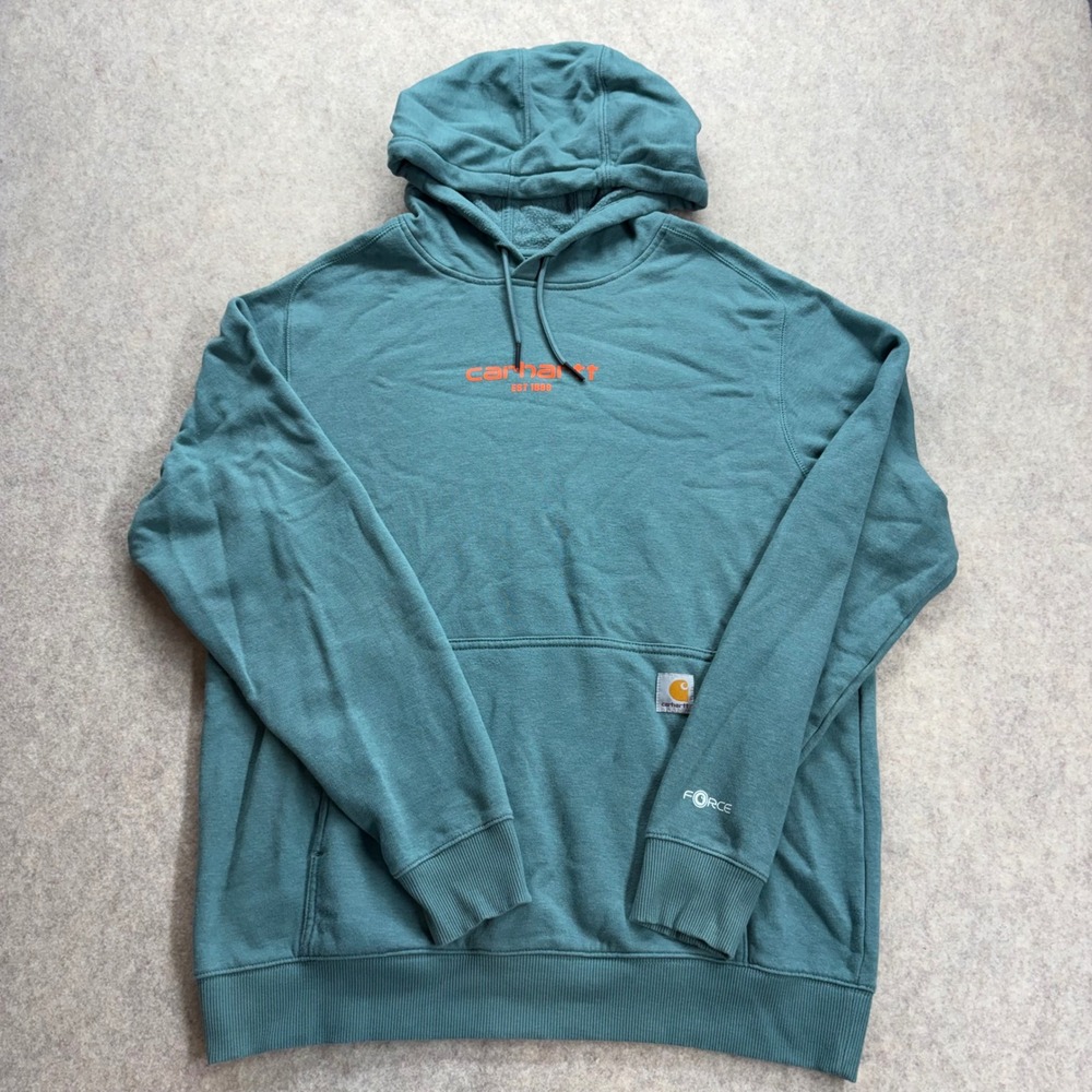 Carhartt Force Relaxed Fit Hoodie Mens Large Teal Green Sweatshirt Workwear Logo